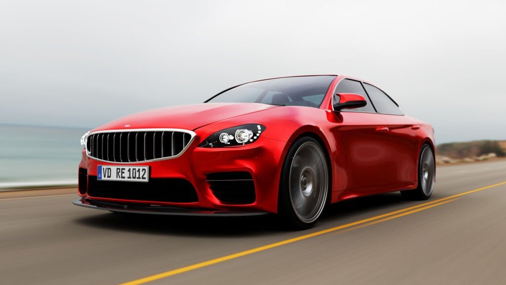 front view of fast moving red generic car, motion blur,  3D, car of my own design.